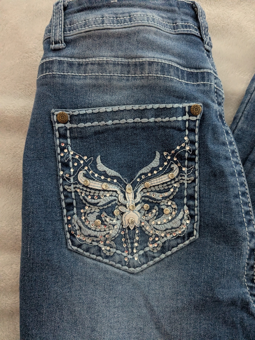 GOGO Dark Blue Boot Cut Jeans with Rhinestone Butterfly Pocket